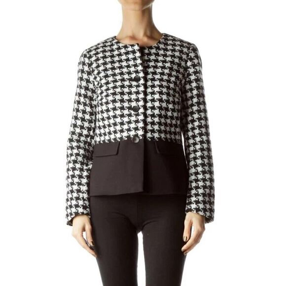 NWOT Talbots Black White Houndstooth Blazer Jacket colorblock WoolBlend sz 14 - Picture 1 of 12